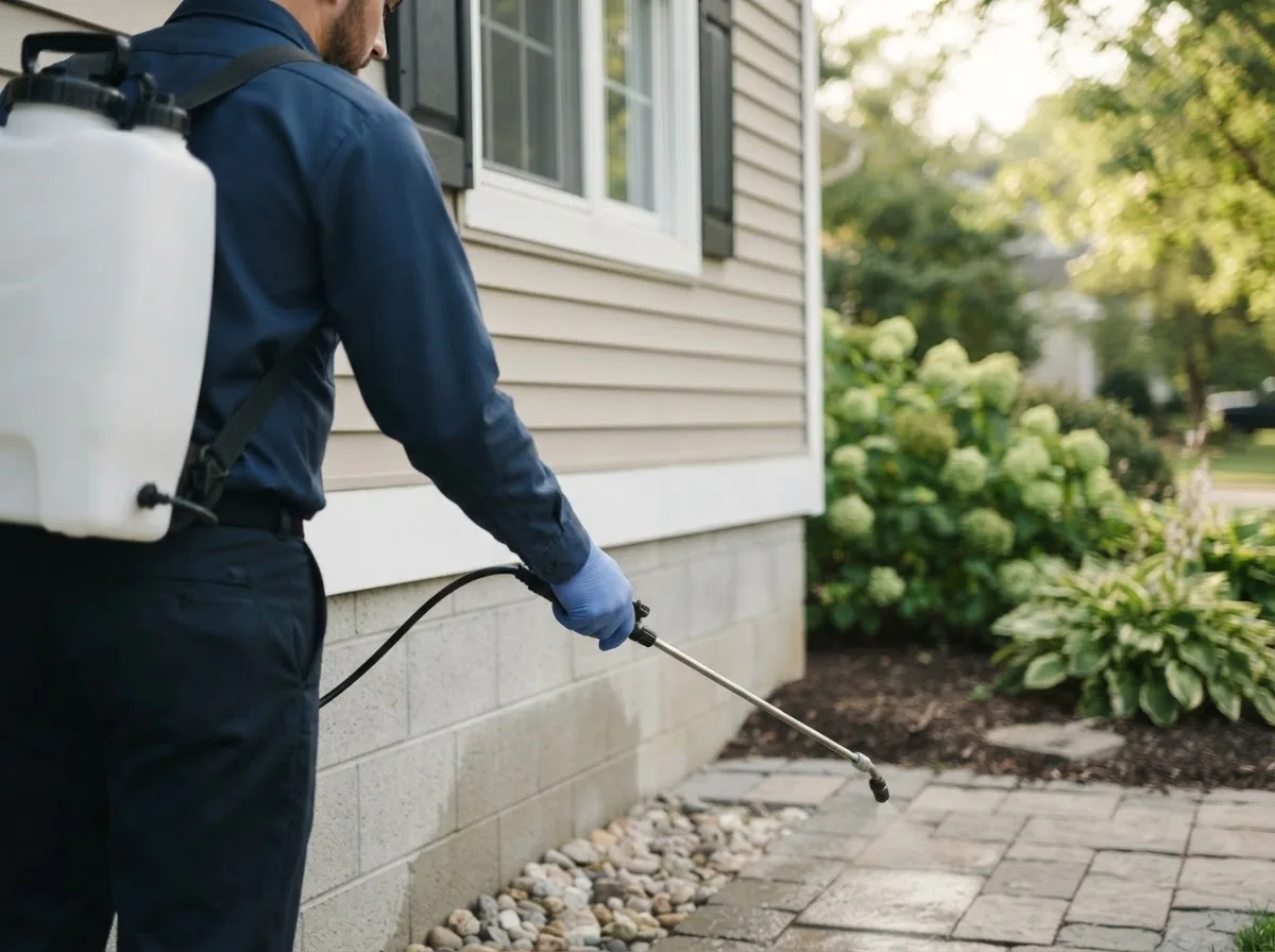 Pest control technician inspecting a home in Frankfort, NY
